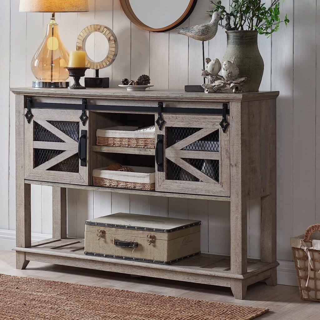 washed grey farmhouse entryway table with sliding barn doors rustic console with black metal