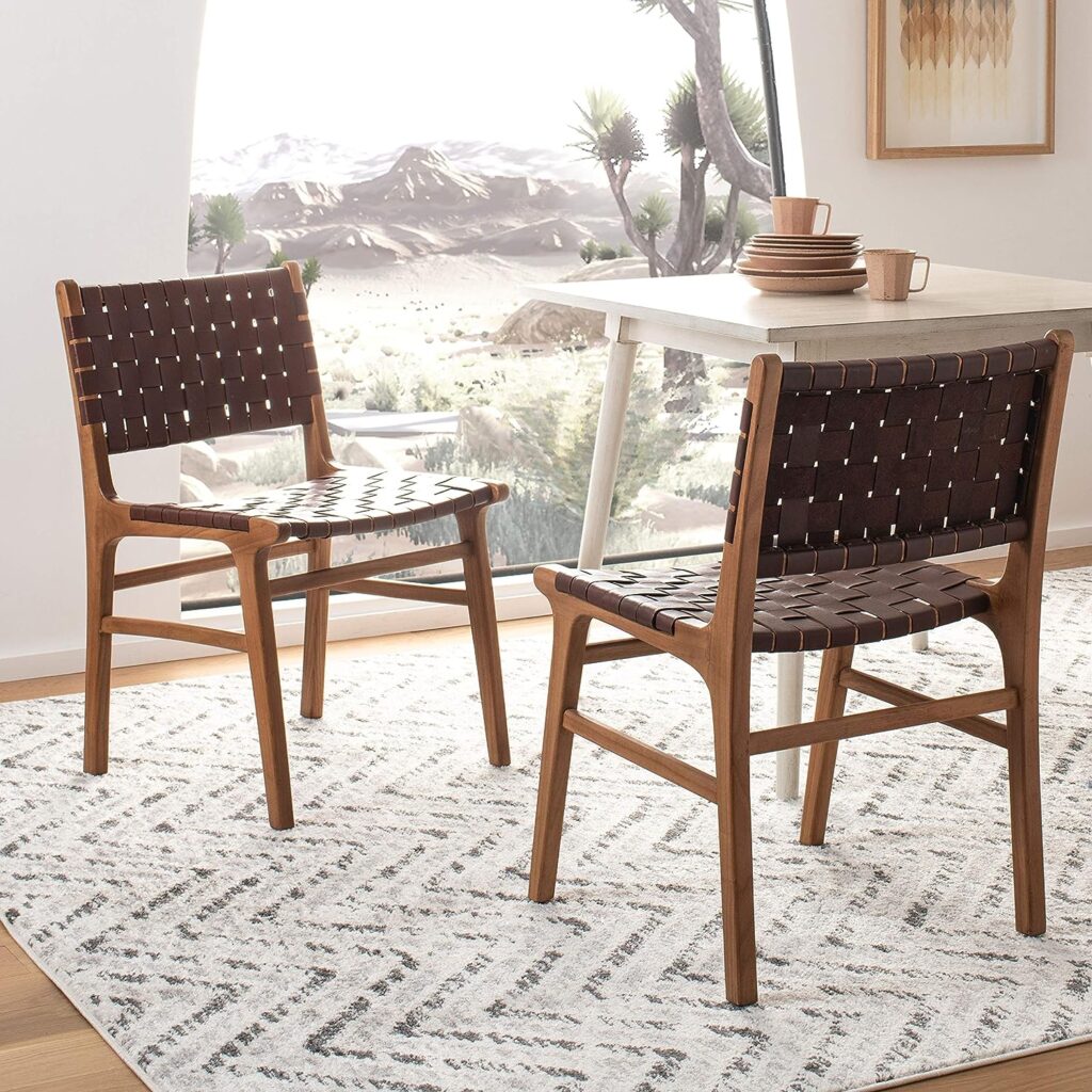 woven leather dining chairs with durable wooden frame stripes of