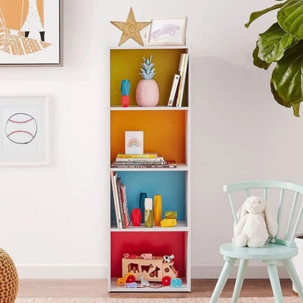 affordable cheap bookshelf for kids room green orange blue and red