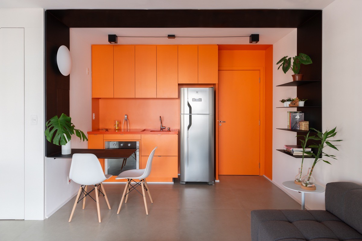 black white orange kitchen