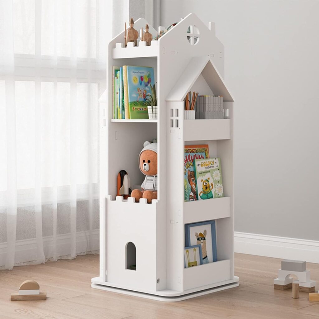 castle shaped kids rotating bookshelf with cubbies and display racks
