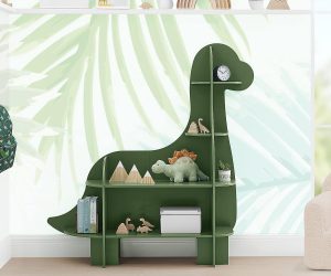 dinosaur kids room bookshelf green finish non toxic paint creative bookcase ideas for young children dino themed decor inspiration for boys and girls display shelves for books