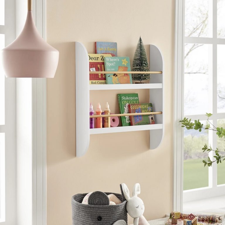 double shelf kids wall bookshelf with wooden dowel rods and white ...