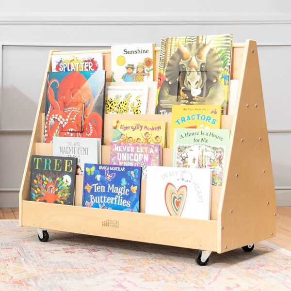 double sided kids wooden bookshelf with rolling casters spacious