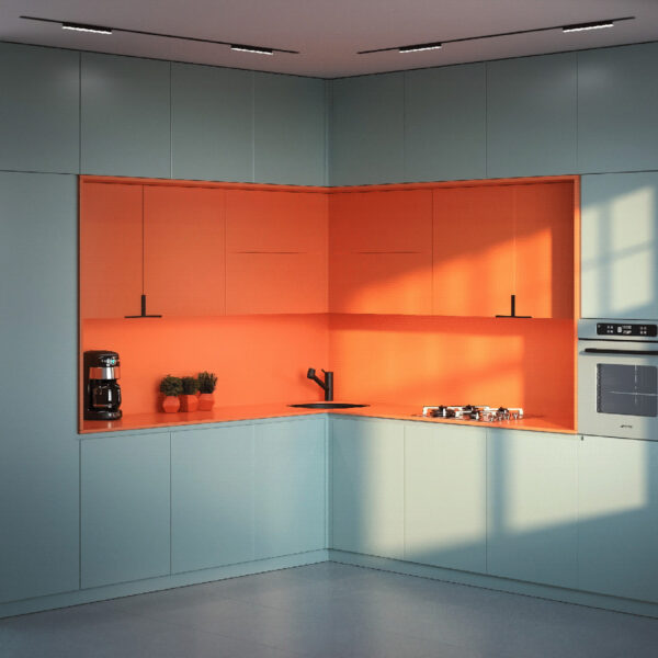 gray and orange kitchen Interior Design Ideas