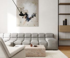 gray tufted sofa