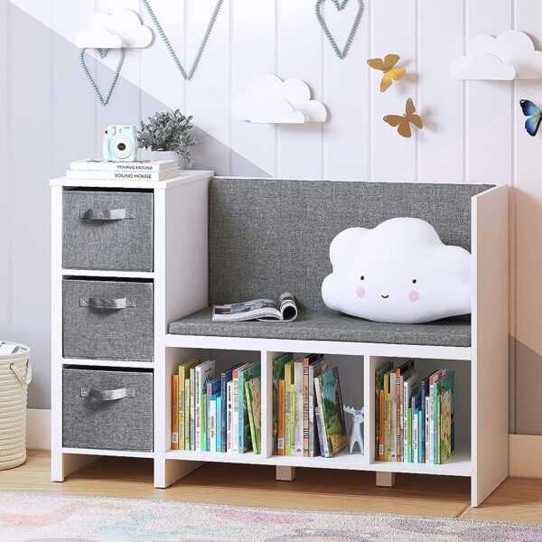 medium grey and white kids bookshelf with bench and padded seat open