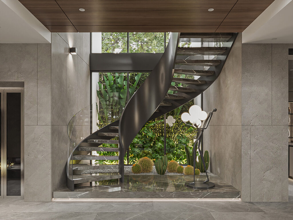 Gray and Wood-Tone Decor Framed by Green Courtyards