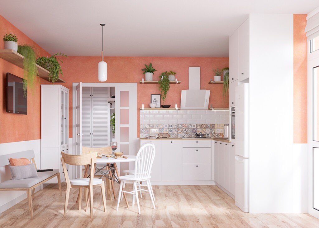 white orange kitchen Interior Design Ideas