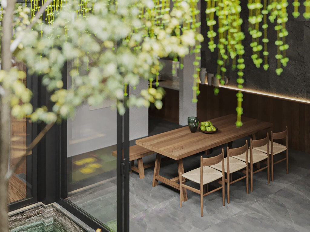 Gray and Wood-Tone Decor Framed by Green Courtyards