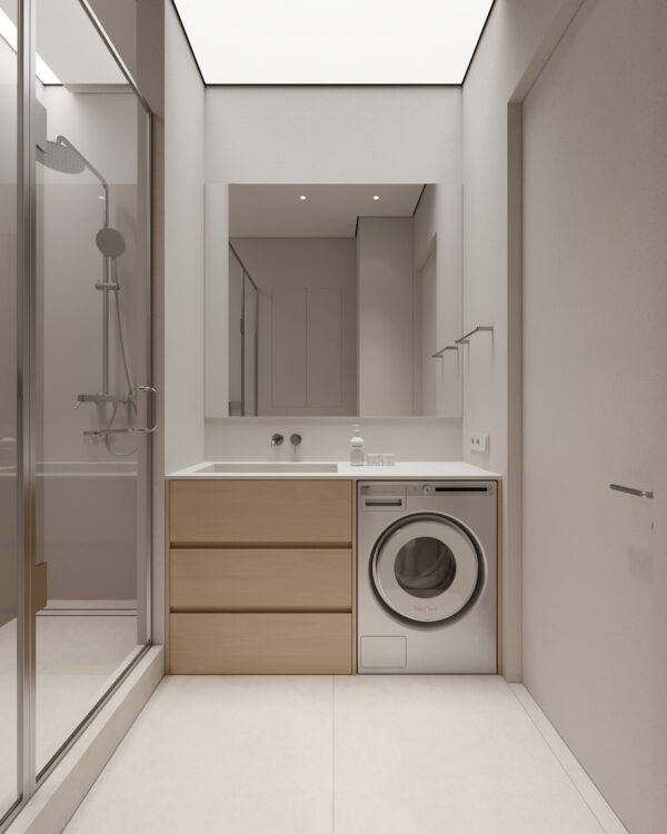 Cozy White and Wood Interior Divided by Glass Blocks