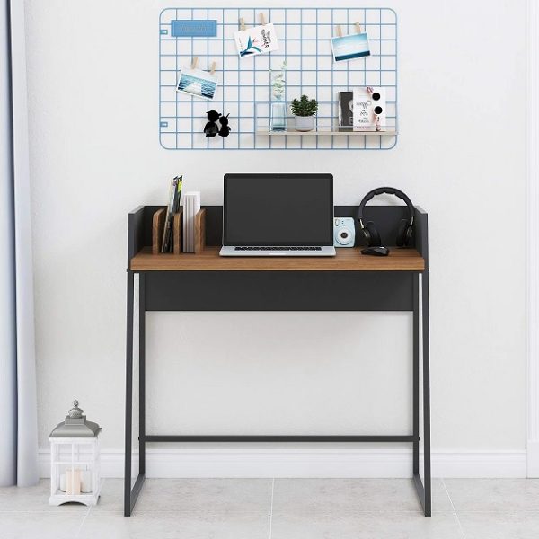 مكاتب انيقة وعملية للمساحات الصغيرة Black-and-wood-36-inch-wide-desk-with-backing-panel-to-prevent-small-objects-from-rolling-off-slender-metal-base-built-in-power-outlets-compact-WFH-furniture-for-sale-online-600x600