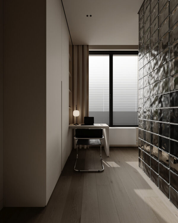 Cozy White and Wood Interior Divided by Glass Blocks