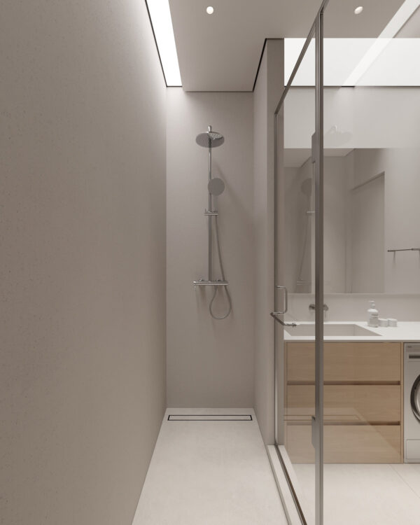 Cozy White and Wood Interior Divided by Glass Blocks