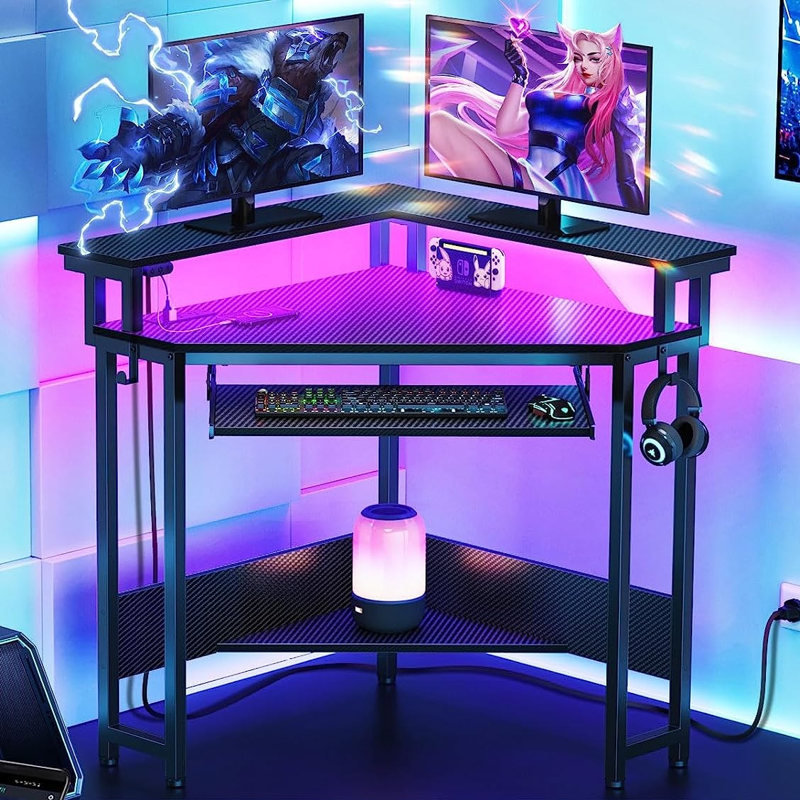 cool gaming corner desk with built in RGB LED lights creative small space furniture for gaming setups streaming desk with keyboard tray and headphone hook monitor risers ergonomic
