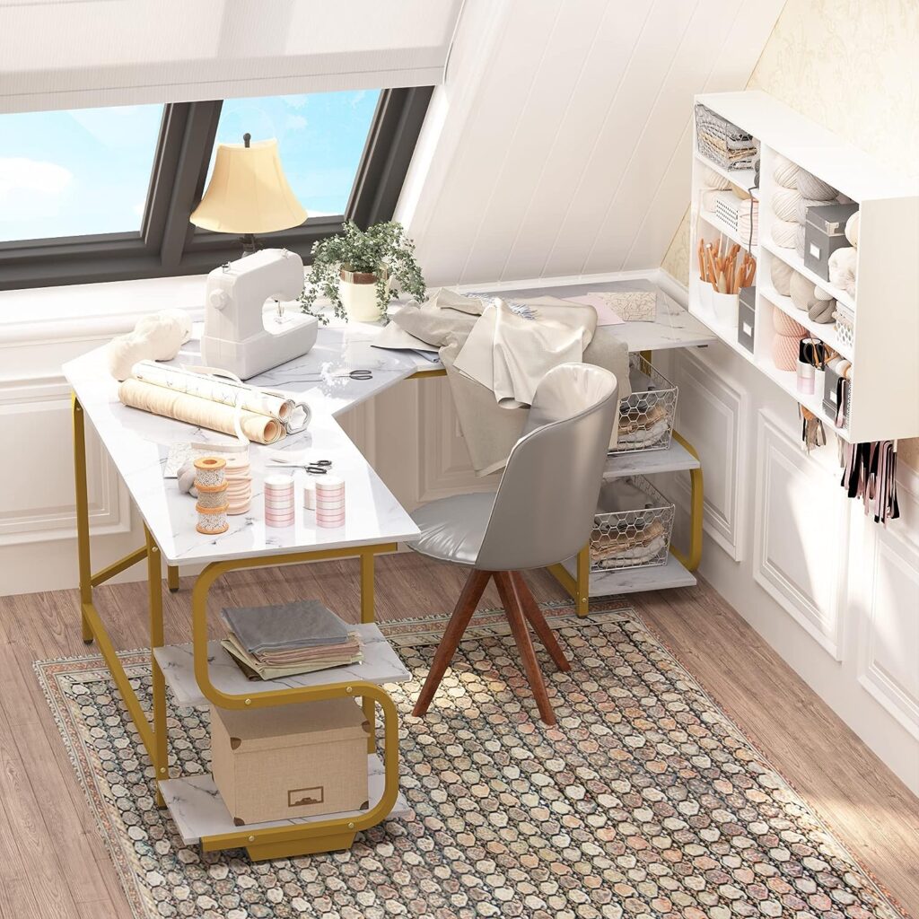 extra large L shaped corner desk with storage and faux marble tabletop