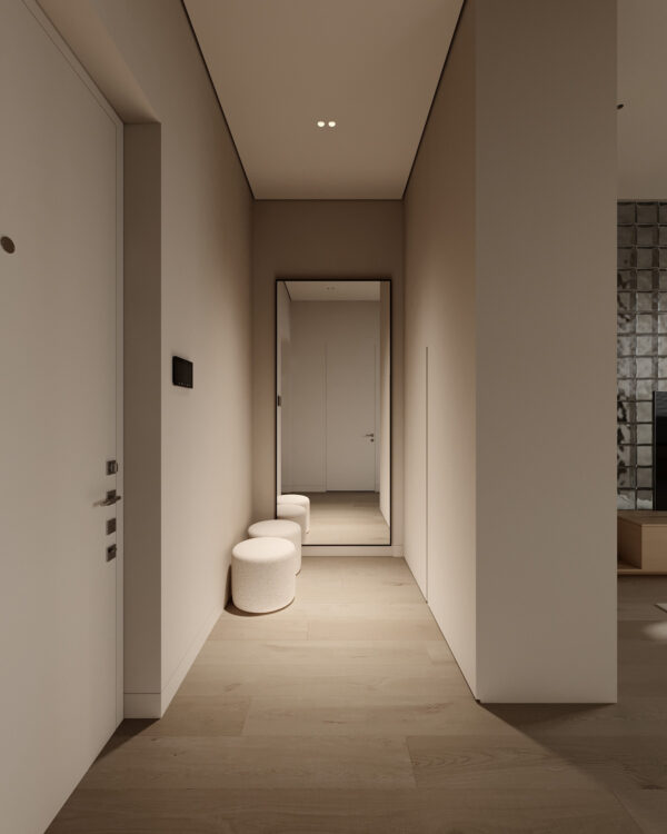 Cozy White and Wood Interior Divided by Glass Blocks