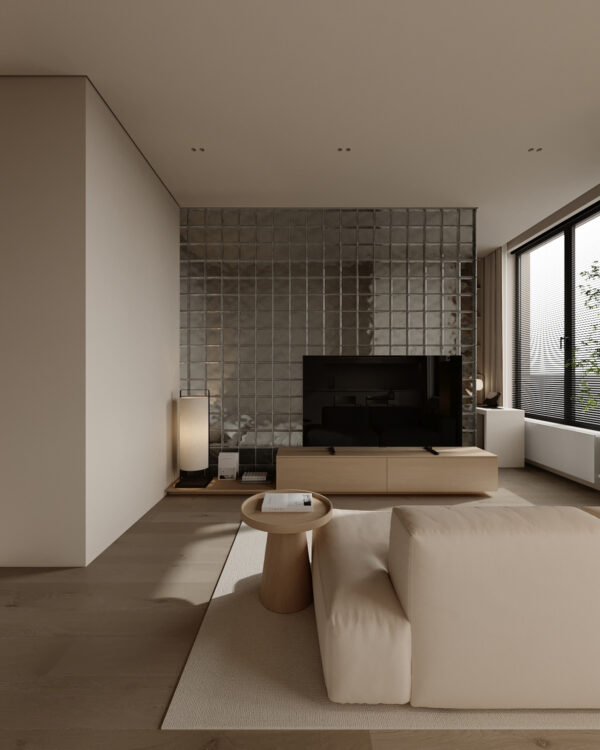 Cozy White and Wood Interior Divided by Glass Blocks