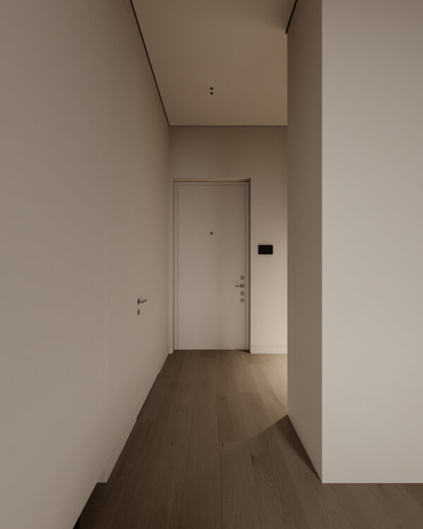 Cozy White and Wood Interior Divided by Glass Blocks