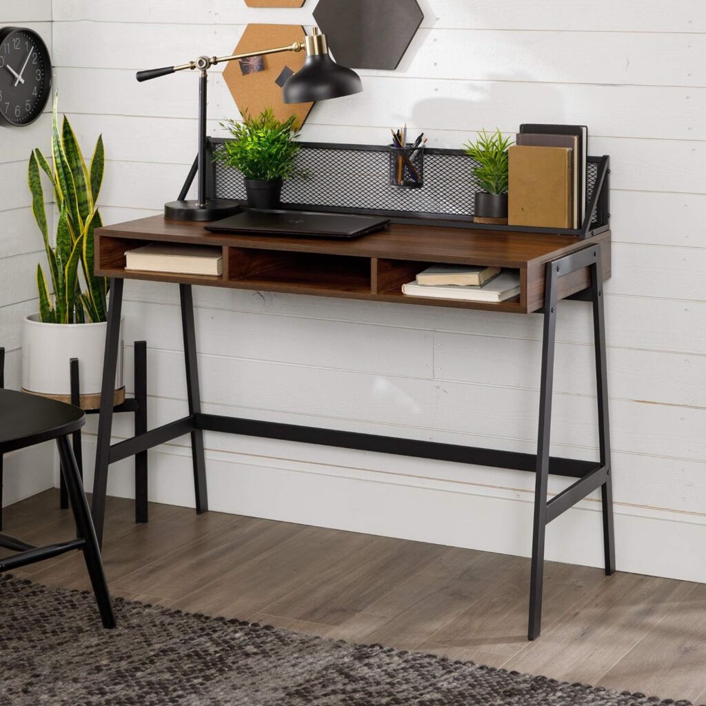 industrial small space desk with black metal mesh backing panel and
