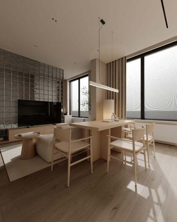 Cozy White and Wood Interior Divided by Glass Blocks