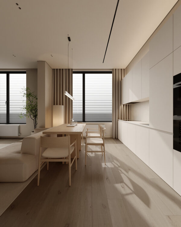 Cozy White and Wood Interior Divided by Glass Blocks