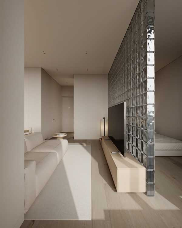 Cozy White and Wood Interior Divided by Glass Blocks