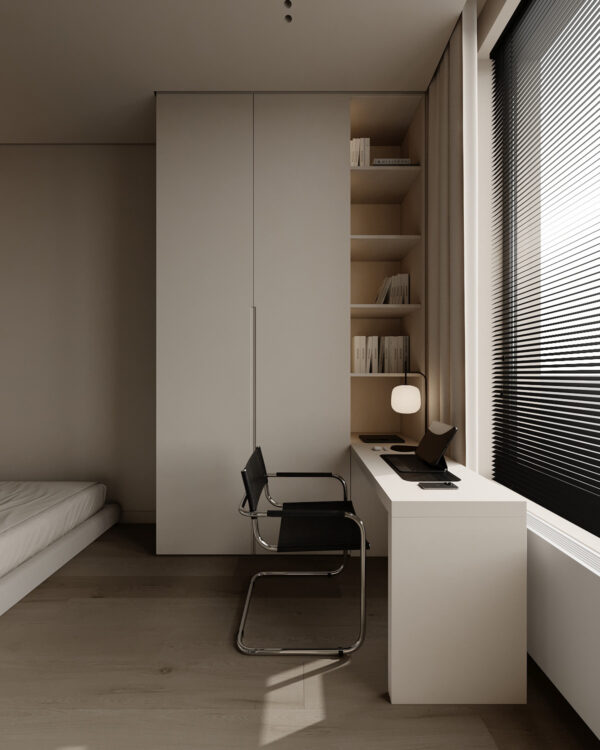 Cozy White and Wood Interior Divided by Glass Blocks