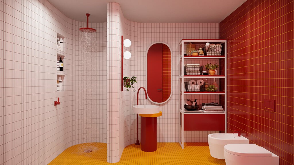 red pedestal sink Interior Design Ideas