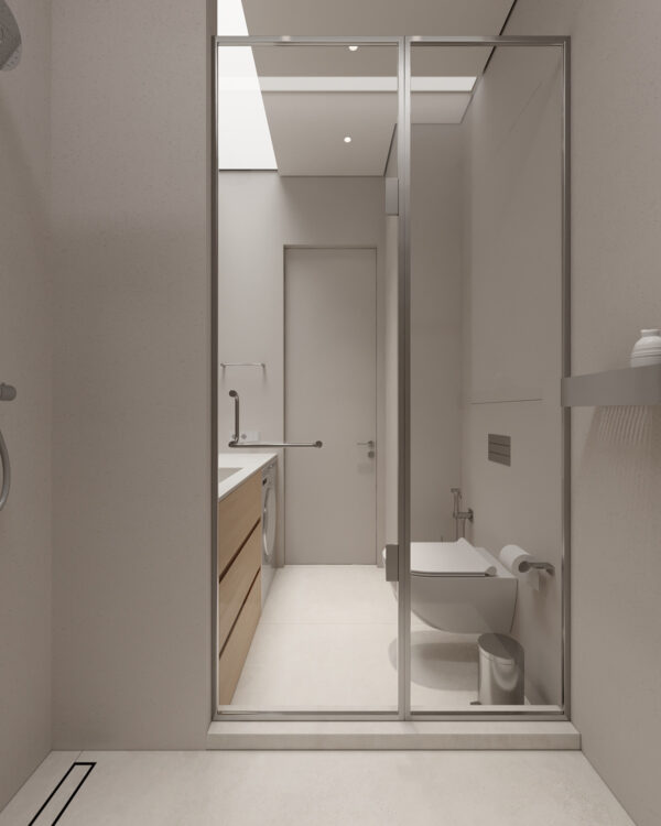Cozy White and Wood Interior Divided by Glass Blocks