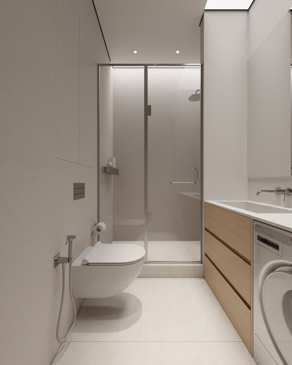 Cozy White and Wood Interior Divided by Glass Blocks