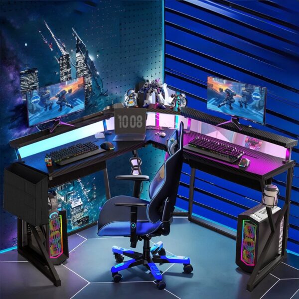 small l shape desk for adult gamers built in monitor stand two tier