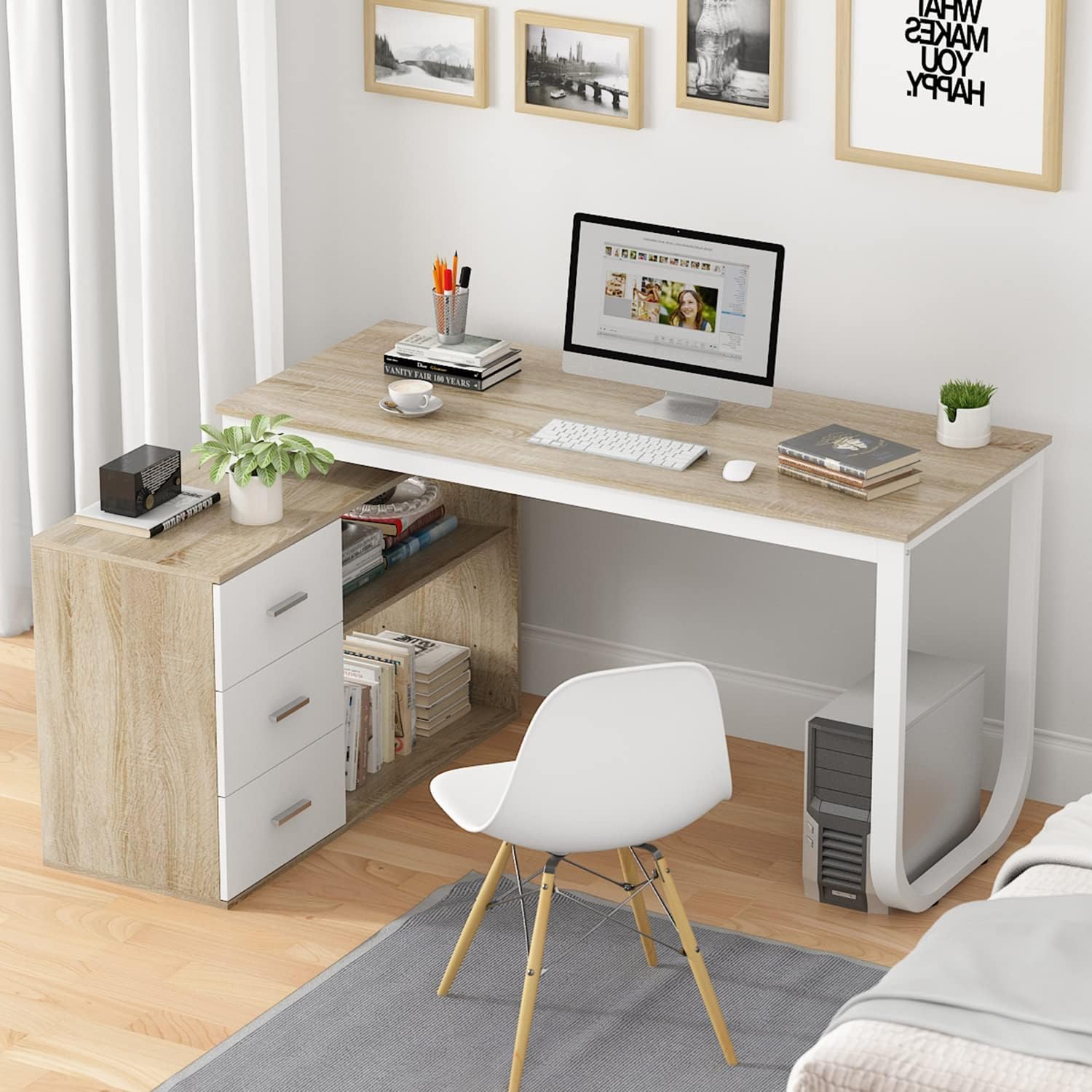 small l shaped desk for home office multipurpose spaces light wood finish and white framing three drawer design with built in bookshelf furniture for full time WFH setup