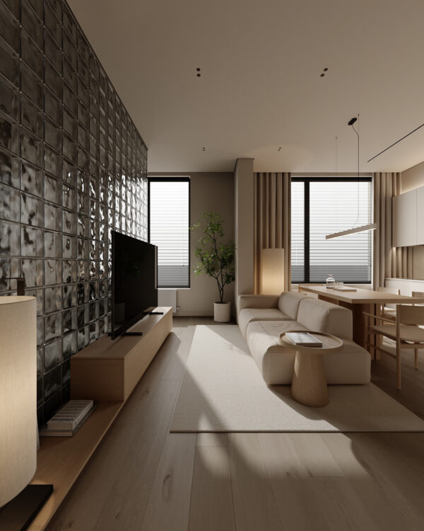 Cozy White and Wood Interior Divided by Glass Blocks