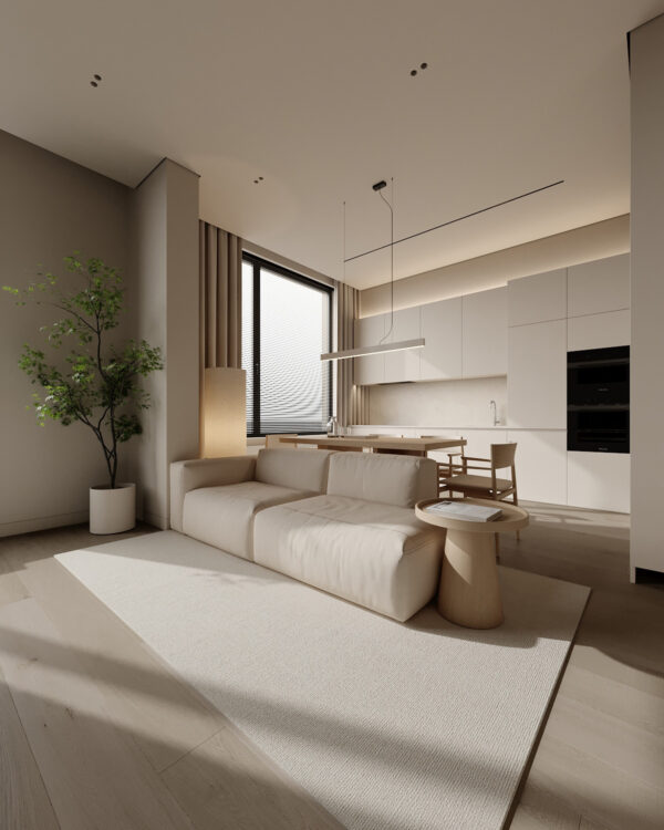Cozy White and Wood Interior Divided by Glass Blocks