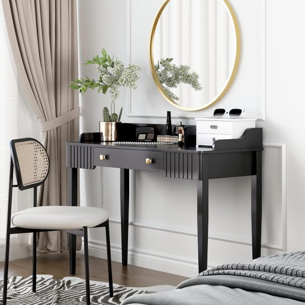 مكاتب انيقة وعملية للمساحات الصغيرة Stylish-black-small-vanity-desk-with-classic-look-traditional-furniture-options-for-tiny-work-from-home-setup-inspiration-black-desk-with-drawer-and-back-panel-art-deco-decor-theme-600x600