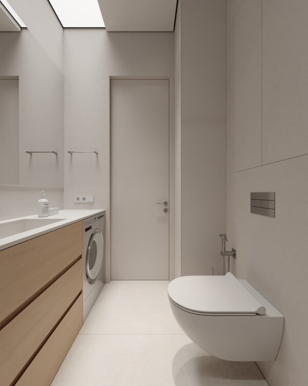 Cozy White and Wood Interior Divided by Glass Blocks