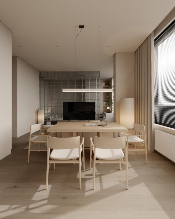 Cozy White and Wood Interior Divided by Glass Blocks