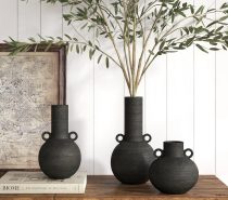 matte black vase with handle set of three spherical vases with cylindrical neck and small loop handles modern farmhouse decor ideas for console table mantle display inspo