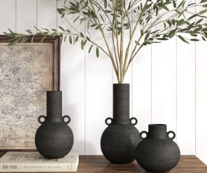 matte black vase with handle set of three spherical vases with cylindrical neck and small loop handles modern farmhouse decor ideas for console table mantle display inspo