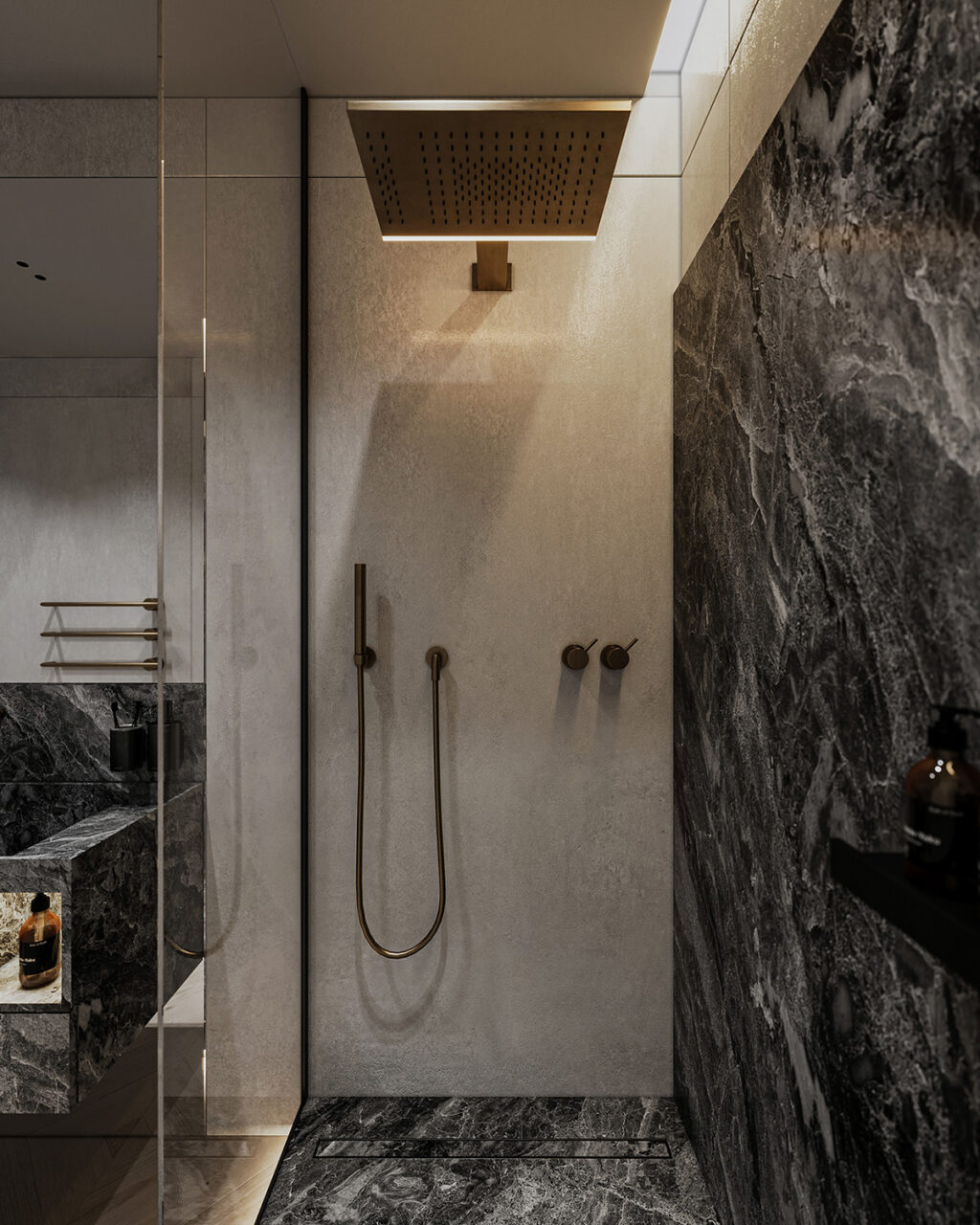 Building Luxe Under the Eaves With Black Marble and Wood Decor
