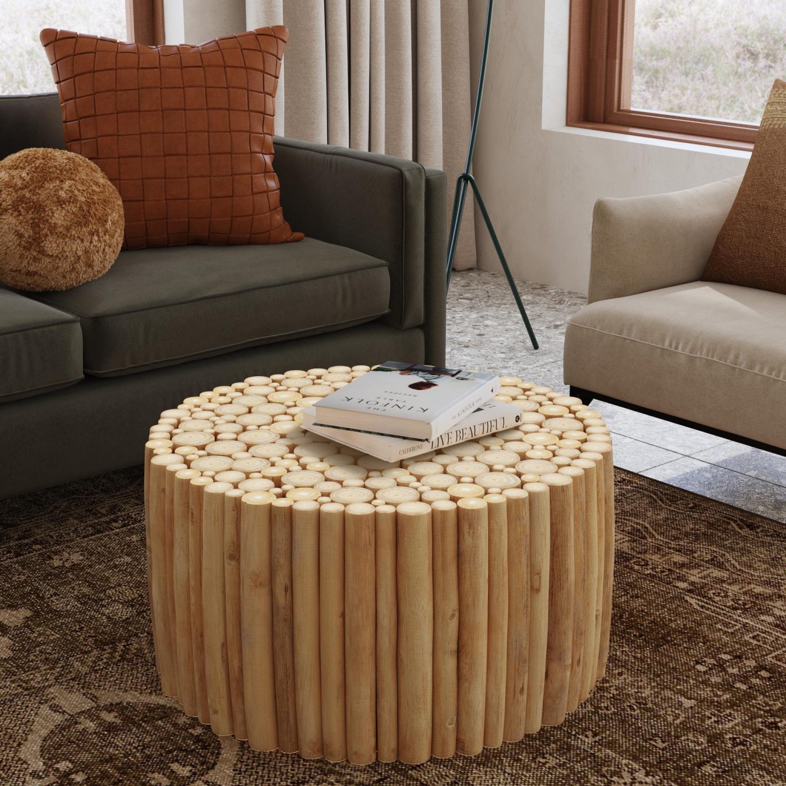 Individual Branch Solid Wood Drum Coffee Table Interior Design Ideas