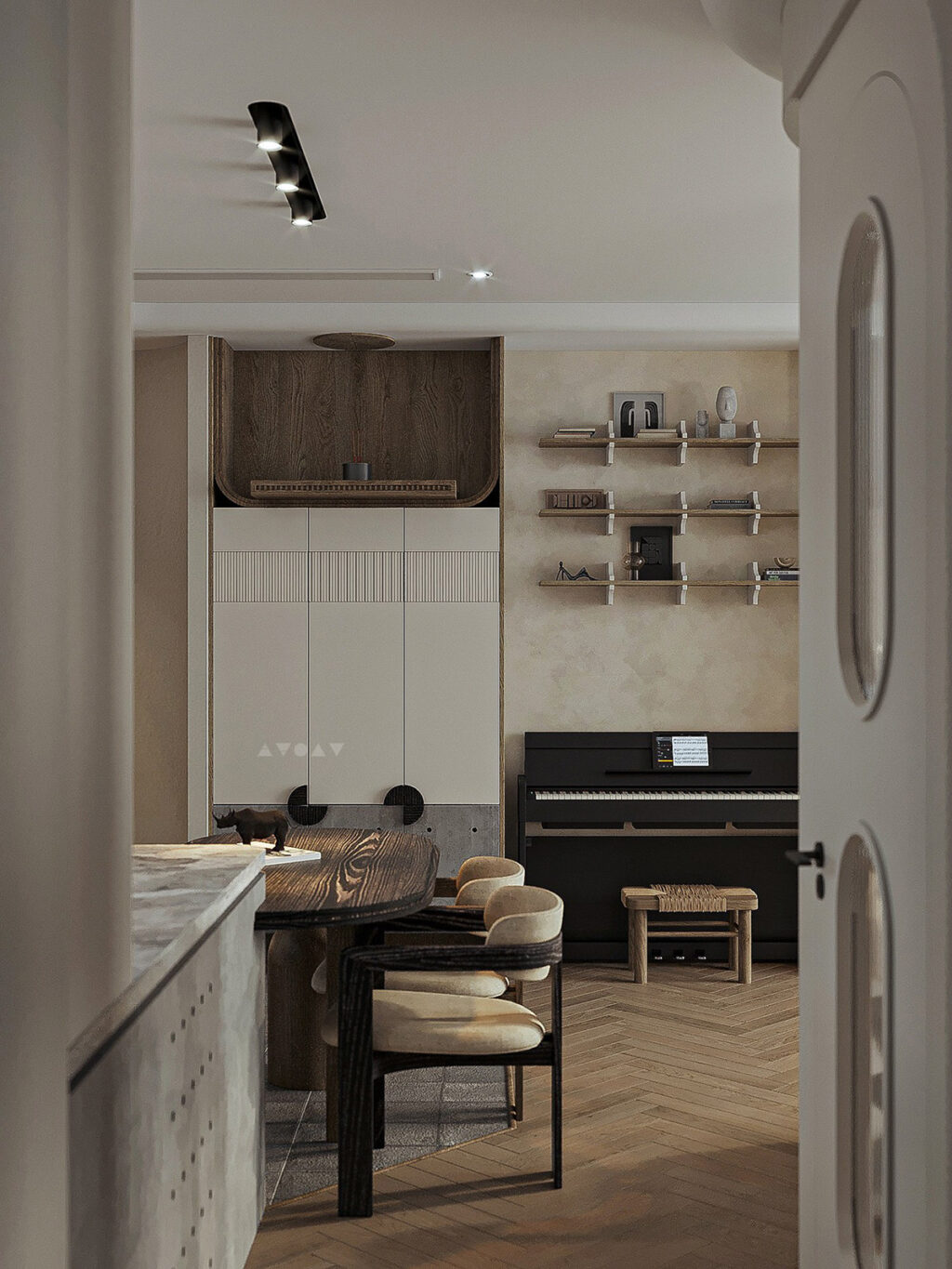 Industrial Textured Wood Accents Interior Reference: Wood Accent Interiors With Contrasting Curves And Grids