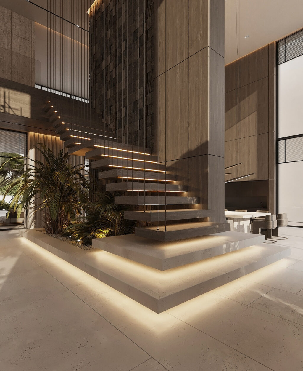 Image showcasing The Luxury Of Stone, High Ceilings And Sculptural Lighting