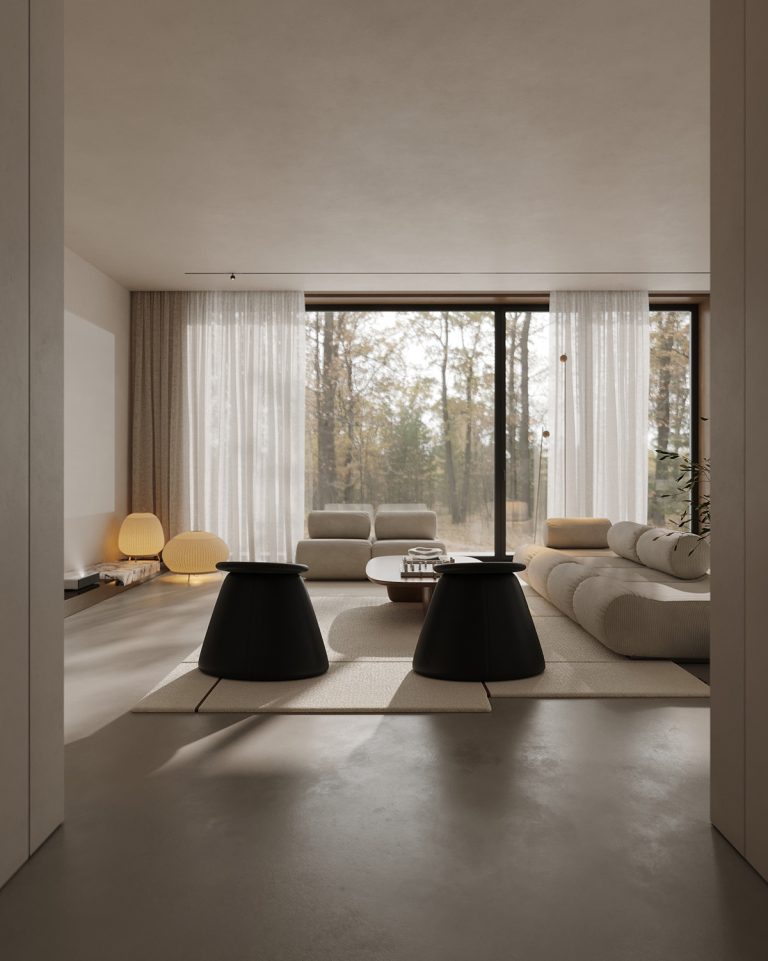 View of Peaceful Living Space with Warm Floor Lamps and Neutral Hues