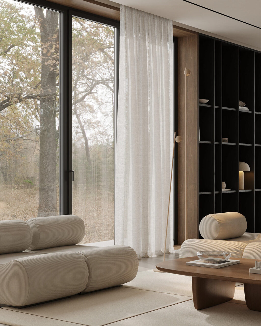 Peaceful Living Space with Warm Floor Lamps and Neutral Hues