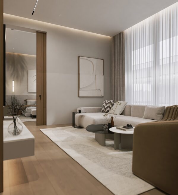 View of Upscale City Apartment Featuring Neutral Hues and Smart Home Integration