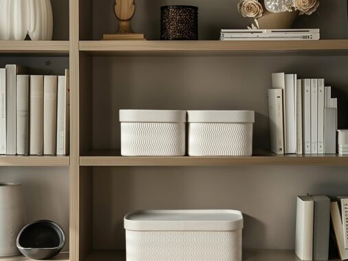 White decorative storage boxes on a shelf