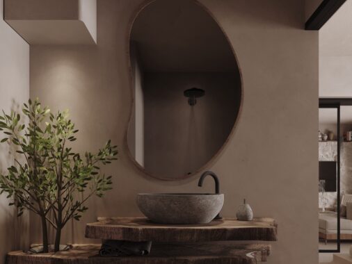 wooden corner and plant in bathroom