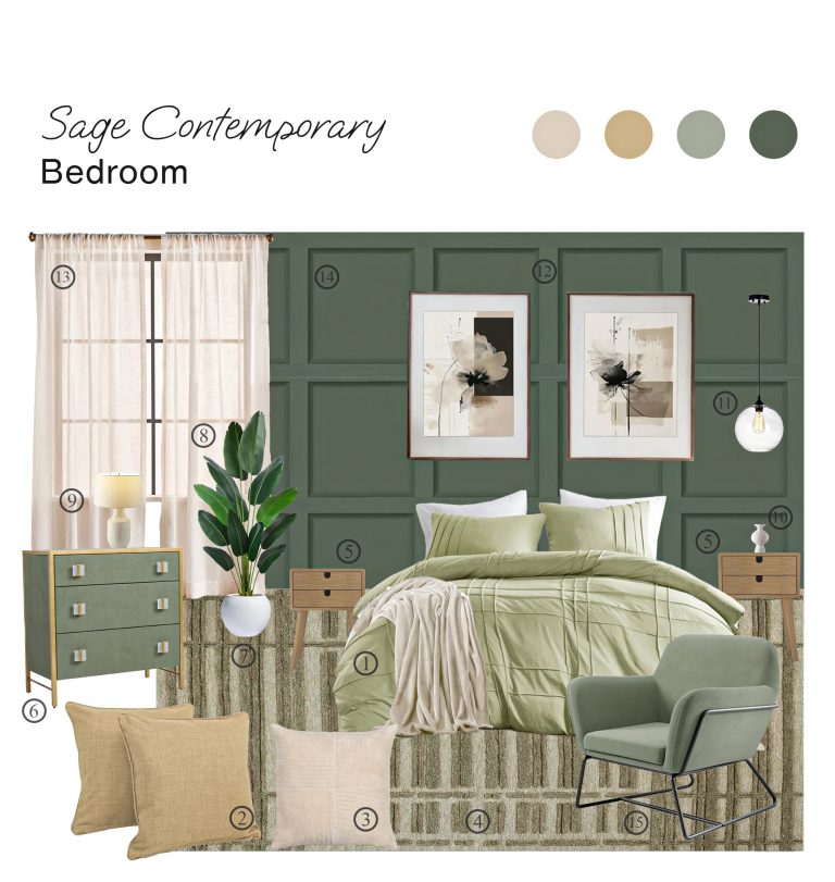 Contemporary Bedroom in Sage Board with Shopping List